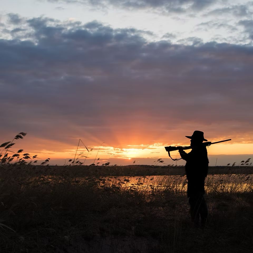 Hunter silhouetted against the sunset at the end of a day on the tracks